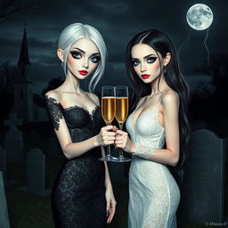 A very beautiful, attractive, stunning girl with a thin face and white hair, dressed in a tight, low-cut long black lace gown