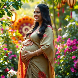 A beautiful Indian woman in the later stages of pregnancy, radiating joy and serenity