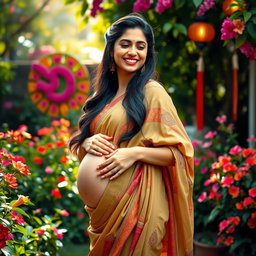 A beautiful Indian woman in the later stages of pregnancy, radiating joy and serenity