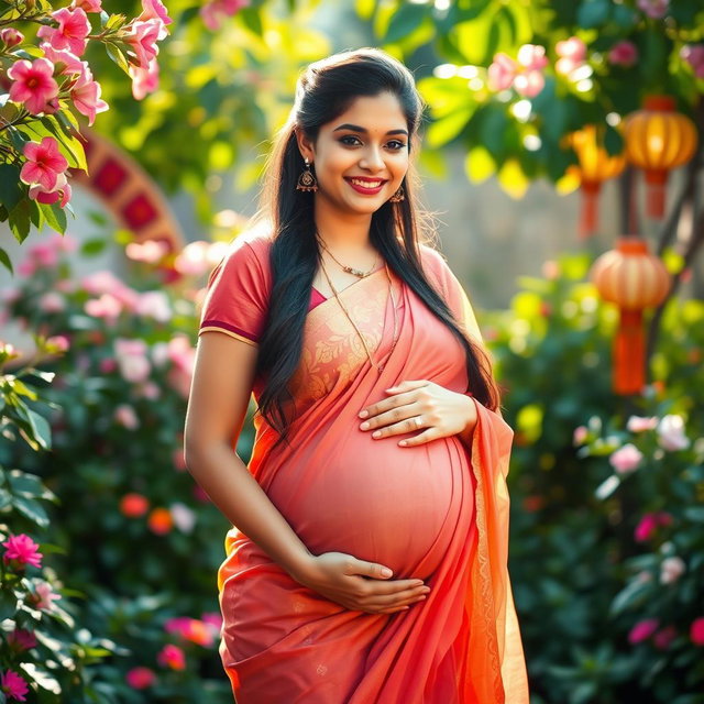 A beautiful Indian woman in the later stages of pregnancy, radiating joy and serenity