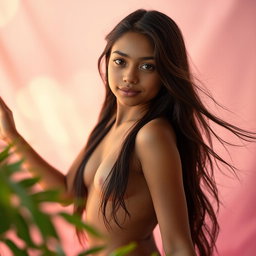 A 17-year-old girl with a beautiful morena complexion, displaying a captivating semi-naked pose that conveys a sense of empowerment and confidence