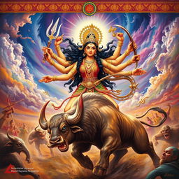 A dynamic and powerful depiction of the goddess Maa Durga in the midst of an epic battle with the demon king Mahishasura