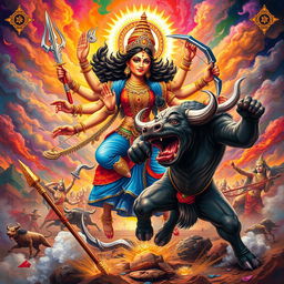 A dynamic and powerful depiction of the goddess Maa Durga in the midst of an epic battle with the demon king Mahishasura