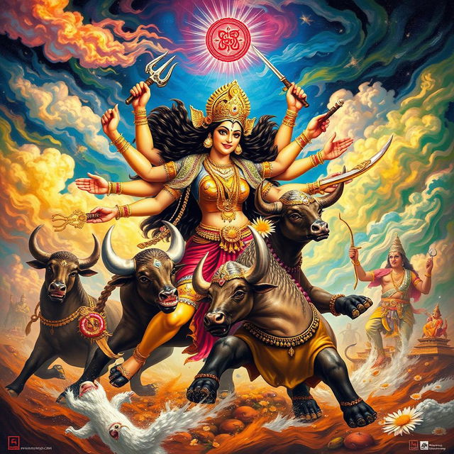 A dynamic and powerful depiction of the goddess Maa Durga in the midst of an epic battle with the demon king Mahishasura