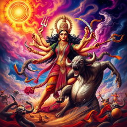 A dynamic and powerful depiction of the goddess Maa Durga in the midst of an epic battle with the demon king Mahishasura