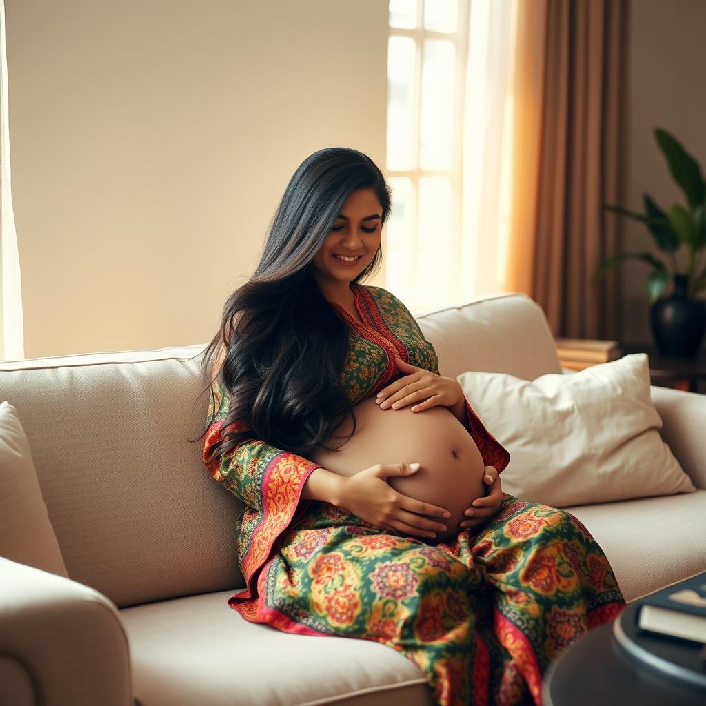 A serene indoor setting featuring a pregnant Indian woman sitting gracefully on a plush sofa