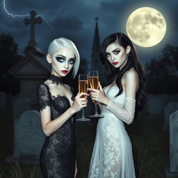 A very beautiful, attractive, stunning girl with a thin face and white hair, dressed in a tight, low-cut long black lace gown