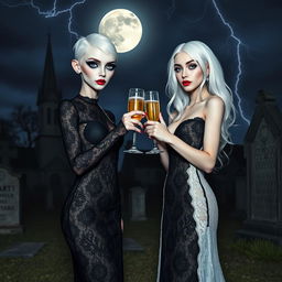 A very beautiful, attractive, stunning girl with a thin face and white hair, dressed in a tight, low-cut long black lace gown