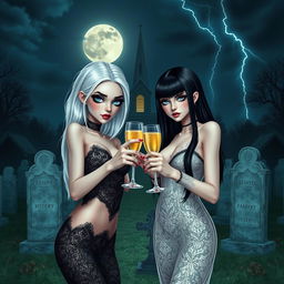 A very beautiful, attractive, stunning girl with a thin face and white hair, dressed in a tight, low-cut long black lace gown