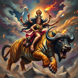 An intense and dynamic scene featuring Maa Kali riding a fierce and powerful tiger, embodying strength and ferocity