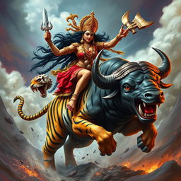 An intense and dynamic scene featuring Maa Kali riding a fierce and powerful tiger, embodying strength and ferocity