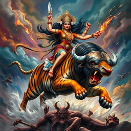 An intense and dynamic scene featuring Maa Kali riding a fierce and powerful tiger, embodying strength and ferocity