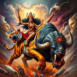 An intense and dynamic scene featuring Maa Kali riding a fierce and powerful tiger, embodying strength and ferocity
