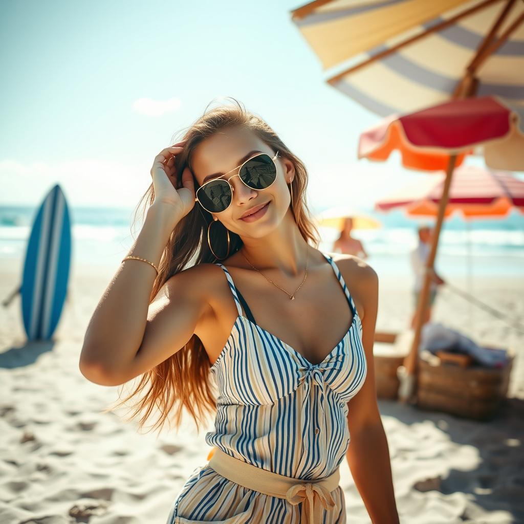 A scenic outdoor setting featuring a young woman in a stylish outfit, capturing a carefree moment at the beach