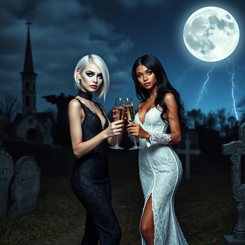 A very beautiful, attractive, stunning, thin faced girl with white hair, dressed in a tight low-cut long black lace gown