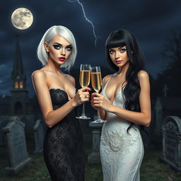 A very beautiful, attractive, stunning, thin faced girl with white hair, dressed in a tight low-cut long black lace gown