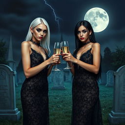 A very beautiful, attractive, stunning, thin faced girl with white hair, dressed in a tight low-cut long black lace gown