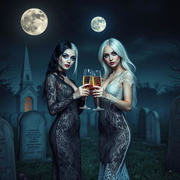 A very beautiful, attractive, stunning, thin faced girl with white hair, dressed in a tight low-cut long black lace gown