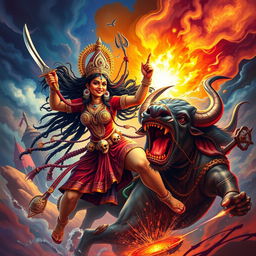 A visually striking scene featuring Maa Kali in an intense battle against the demon Mahishasura