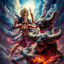 A visually striking scene featuring Maa Kali in an intense battle against the demon Mahishasura