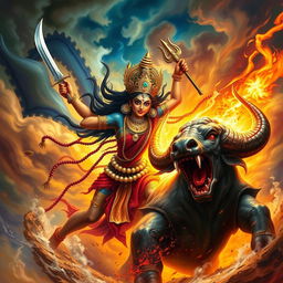 A visually striking scene featuring Maa Kali in an intense battle against the demon Mahishasura