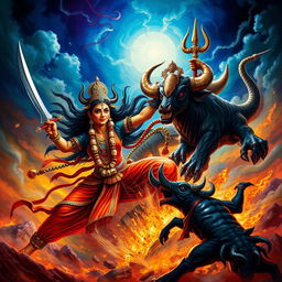 A visually striking scene featuring Maa Kali in an intense battle against the demon Mahishasura
