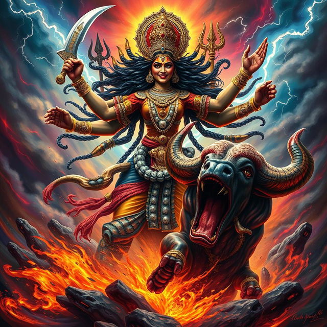 A powerful and dramatic scene showcasing Maa Kali in an intense battle against the demon Mahishasura