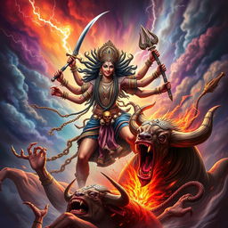 A powerful and dramatic scene showcasing Maa Kali in an intense battle against the demon Mahishasura