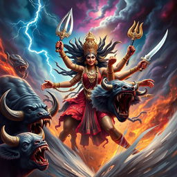 A powerful and dramatic scene showcasing Maa Kali in an intense battle against the demon Mahishasura
