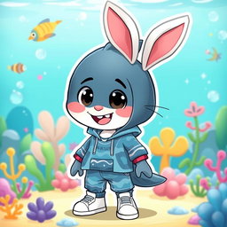 A playful and unique character that is the hybrid offspring of a shark-like humanoid male and a cute rabbit female