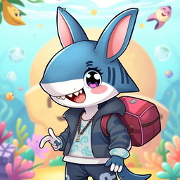 A playful and unique character that is the hybrid offspring of a shark-like humanoid male and a cute rabbit female