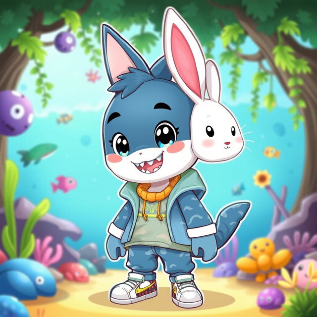 A playful and unique character that is the hybrid offspring of a shark-like humanoid male and a cute rabbit female