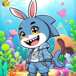 A playful and unique character that is the hybrid offspring of a shark-like humanoid male and a cute rabbit female