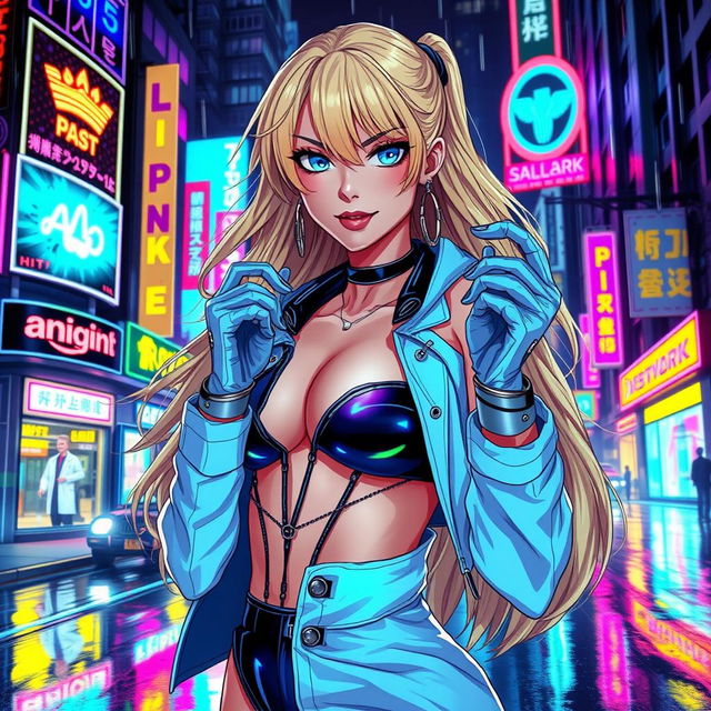 A sexy anime-inspired cyberpunk scene featuring a striking blonde milf character as a ripper doc