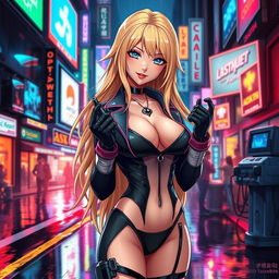 A sexy anime-inspired cyberpunk scene featuring a striking blonde milf character as a ripper doc