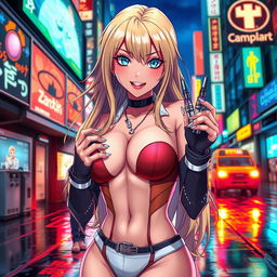 A sexy anime-inspired cyberpunk scene featuring a striking blonde milf character as a ripper doc