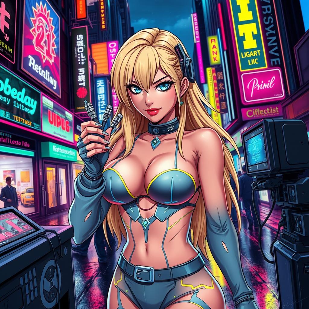 A sexy anime-inspired cyberpunk scene featuring a striking blonde milf character as a ripper doc