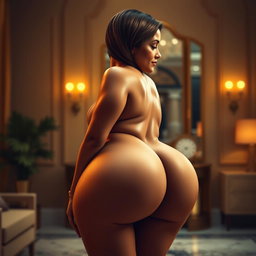 A beautiful, curvy female figure showcasing an attractive posterior, elegantly posed in a glamorous setting