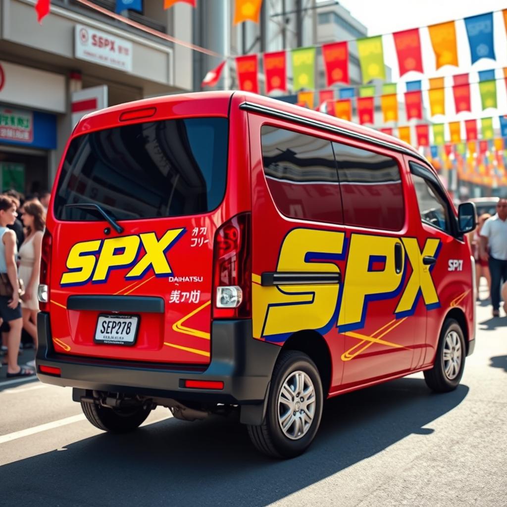 Daihatsu Grandmax prominently featuring bold and bright SPX branding, showcasing a vivid color palette of red, yellow, and blue