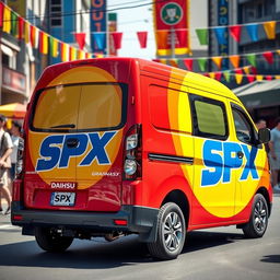 Daihatsu Grandmax prominently featuring bold and bright SPX branding, showcasing a vivid color palette of red, yellow, and blue