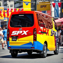 Daihatsu Grandmax prominently featuring bold and bright SPX branding, showcasing a vivid color palette of red, yellow, and blue
