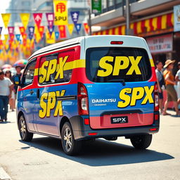 Daihatsu Grandmax prominently featuring bold and bright SPX branding, showcasing a vivid color palette of red, yellow, and blue
