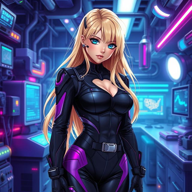 A sexy anime-inspired cyberpunk scene featuring a striking blonde milf character as a ripper doc