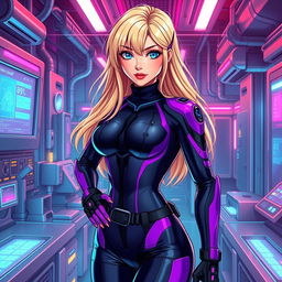 A sexy anime-inspired cyberpunk scene featuring a striking blonde milf character as a ripper doc