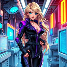 A sexy anime-inspired cyberpunk scene featuring a striking blonde milf character as a ripper doc