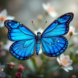 A stunning blue butterfly with intricate patterns that incorporate the Sagittarius constellation on its wings