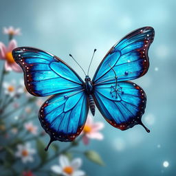 A stunning blue butterfly with intricate patterns that incorporate the Sagittarius constellation on its wings