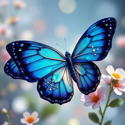 A stunning blue butterfly with intricate patterns that incorporate the Sagittarius constellation on its wings