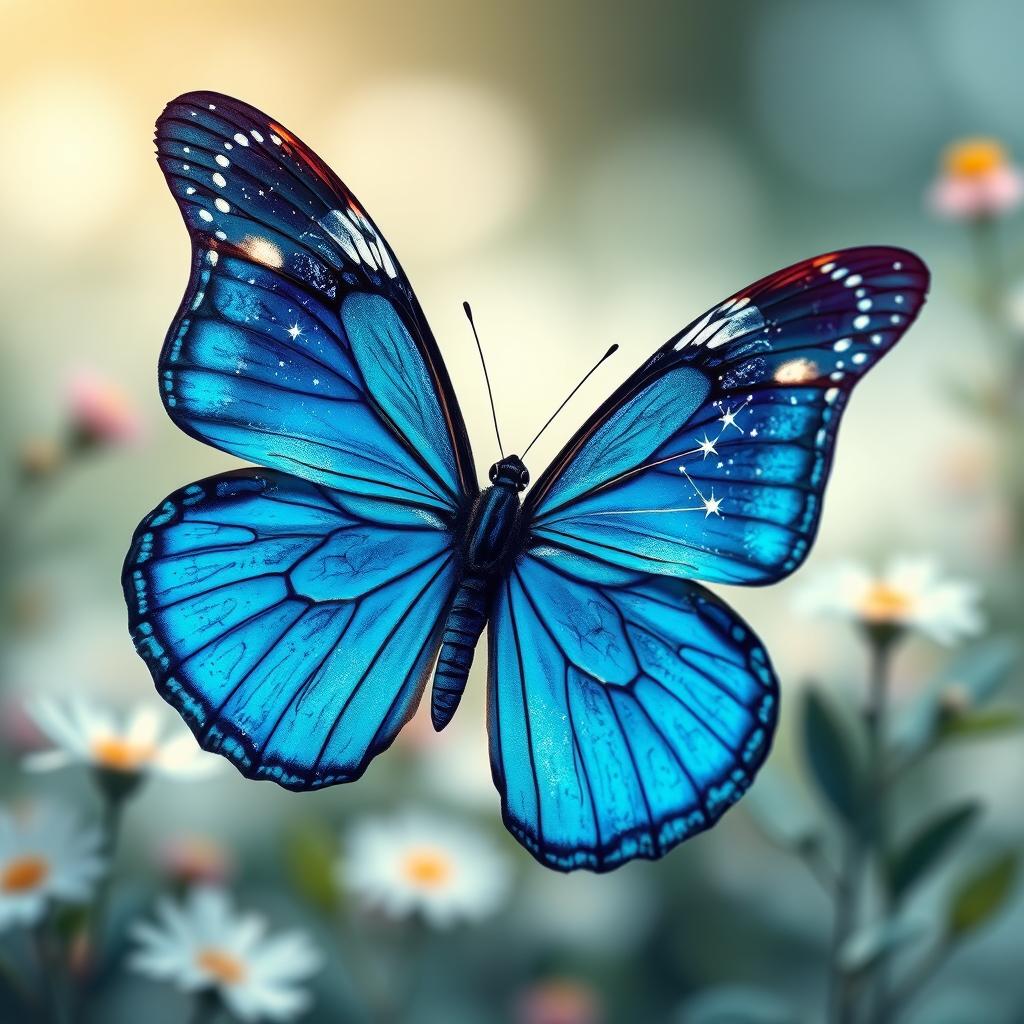 A stunning blue butterfly with intricate patterns that incorporate the Sagittarius constellation on its wings