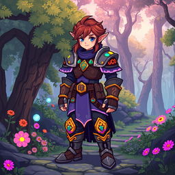 A character from a role-playing game (RPG) designed in vibrant pixel art style, showcasing intricate details in their outfit and accessories